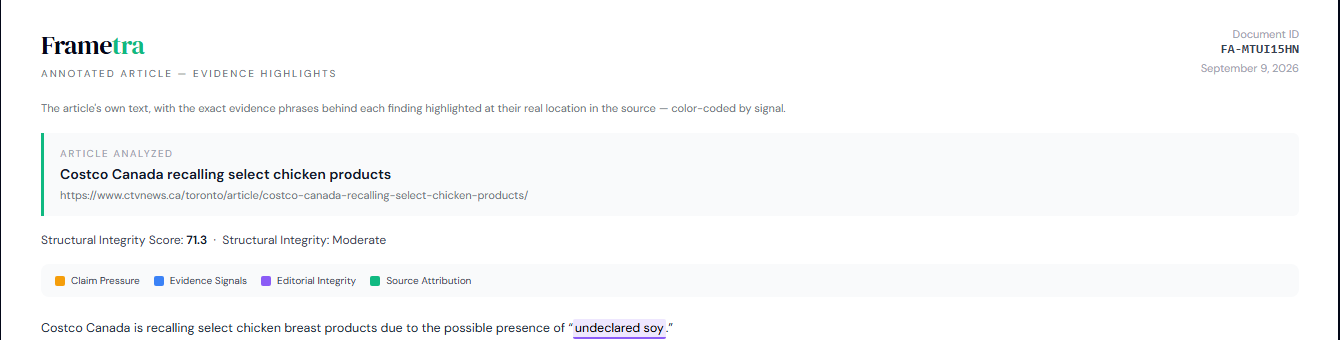 A real annotated article export with evidence phrases highlighted in the original article text