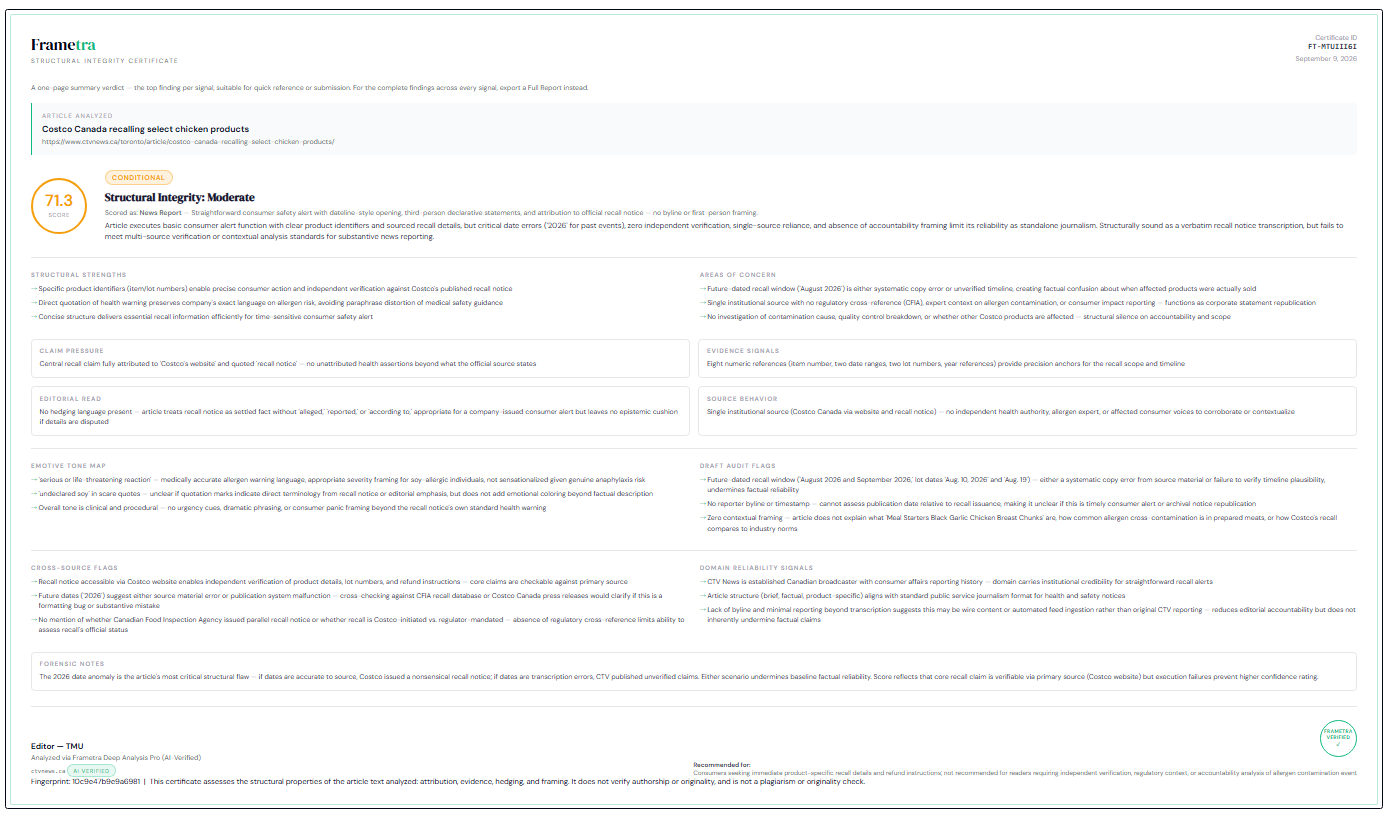 A real Frametra Structural Integrity Certificate scoring a Costco Canada recall article at 71.3, Conditional