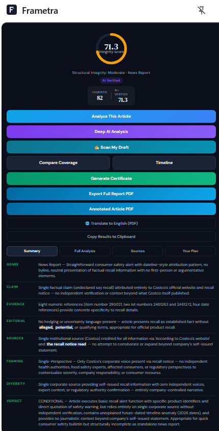 The Frametra extension sidebar showing a real 71.3 integrity score and analysis buttons